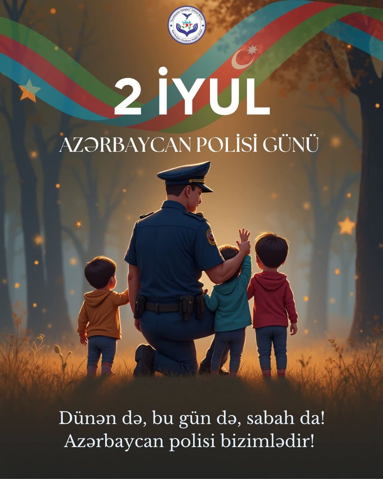 Polis Günü açıqçası: polis əməkdaşı diz çöküb üç uşağın yanında, arxadan görünüş